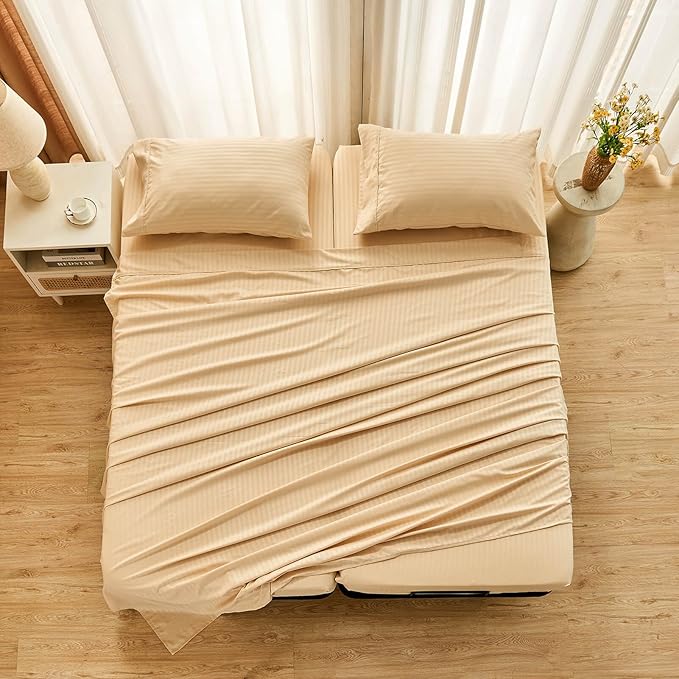 Kingnex Striped Split California King Sheets Sets for Adjustable Bed with Deep Pocket 5 Pieces Include 2 Cali Twin XL Fitted Sheets 1 Flat Sheet 2 King Size Pillowcases Beige