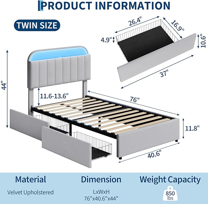 GarveeHome Twin Bed Frame with Storage Headboard, Kids Bed Frame with 2 Drawers, Velvet Upholstered Platform Bed Frame with Lights, No Box Spring Needed, Easy Assembly, Velvet Grey