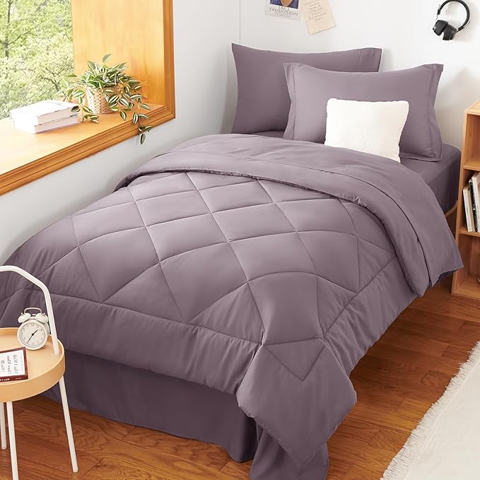 CozyLux Twin XL Comforter Set Dusty Purple - 5 Pieces Twin Extra Long Bed in a Bag for College Dorm, All Season Bedding Set for Girls and Boys, Soft Bed Set with Comforter, Sheets, Pillowcase & Sham