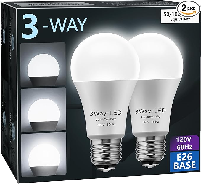 Briignite LED Light Bulbs, 3 Way LED Light Bulbs 50 100 150W Equivalent, Three Way A19 Light Bulbs E26 Medium Base, Daylight White 5000K, 500lm-1000lm-1500lm, 2Pack