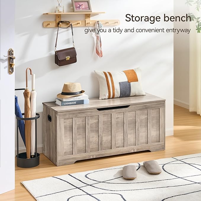 VANKILEY 43.3" Storage Chest Extra Large,Storage Trunk with 2 Safety Hinges,Wooden Storage Bench,Shoe Bench,43.3x15.7x19.1 Inch,Easy Assembly,Storage Bench for Bedroom,Living Room,entryway(Greige).