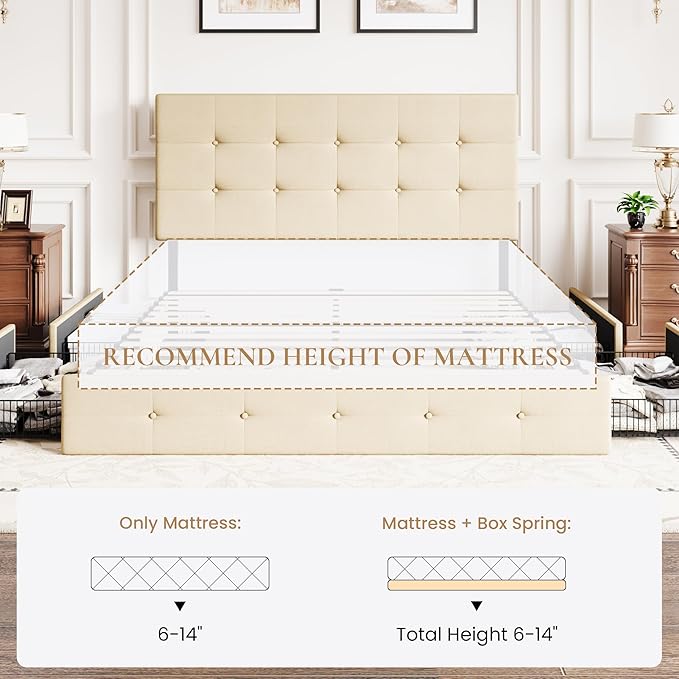 SHA CERLIN Upholstered Full Size Platform Bed Frame with 4 Storage Drawers, Adjustable Headboard with Square Stitched Button Tufted Design, Wooden Slat Support, No Box Spring Needed, Beige