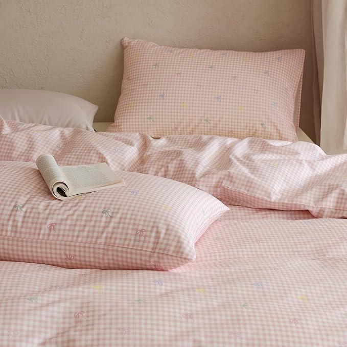 mixinni Gingham Duvet Cover Twin XL Size, 100% Cotton Light Pink and White Gingham Bedding Set for Girls, Cute Bow Print Soft Aesthetic Cottagecore Bedding 3 Pieces (1 Duvet Cover + 2 Pillowcases)