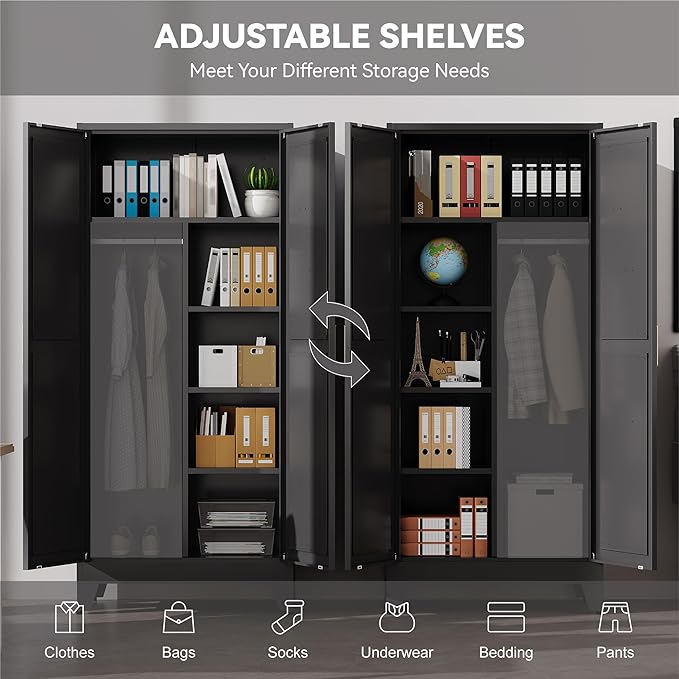 Baborokic Metal Wardrobe Cabinet with Hanging Rod,Large 71" Armoire Wardrobe Closet with Adjustable Shelves and Doors,Farmhouse Metal Office Cabinets for Bedroom,Office,Employee(Black)