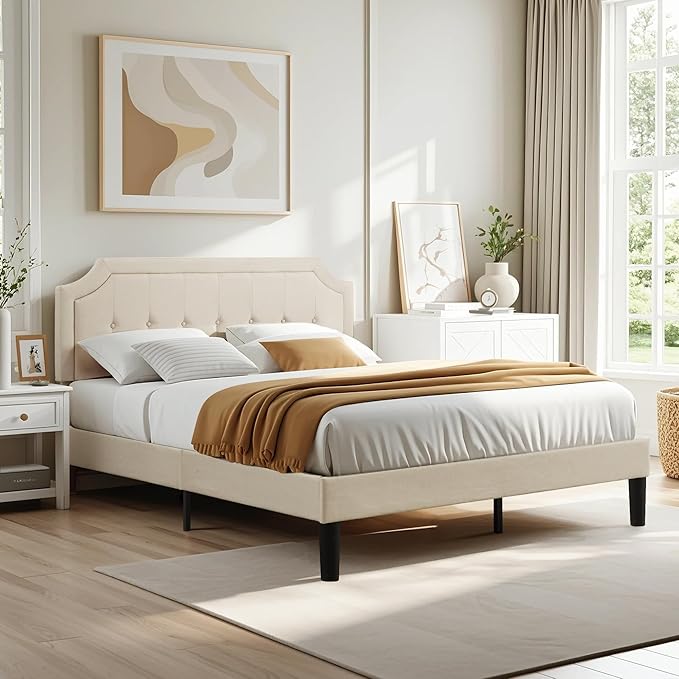 VECELO Queen Size Platform Bed Frame with Fabric Upholstered Headboard and Wooden Slats Support, No Box Spring Needed/Easy Assembly,Beige