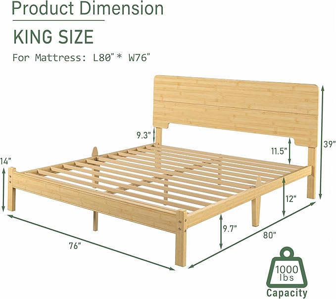 BOSRII 12in High Solid Bamboo Wood Platform King Size Bed Frame with Headboard, Reinforced Heavy Duty Metal Slats, Noise Free, No Box Spring Needed, Easy Assembly