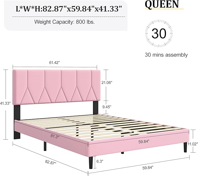 Queen Bed Frame, Padded Platform Bed Frame with Velvet Headboard, Vertical Quilted Design, Sturdy Slatted Mattress Base, No Spring Mattress Required, Easy to Assemble, Pink