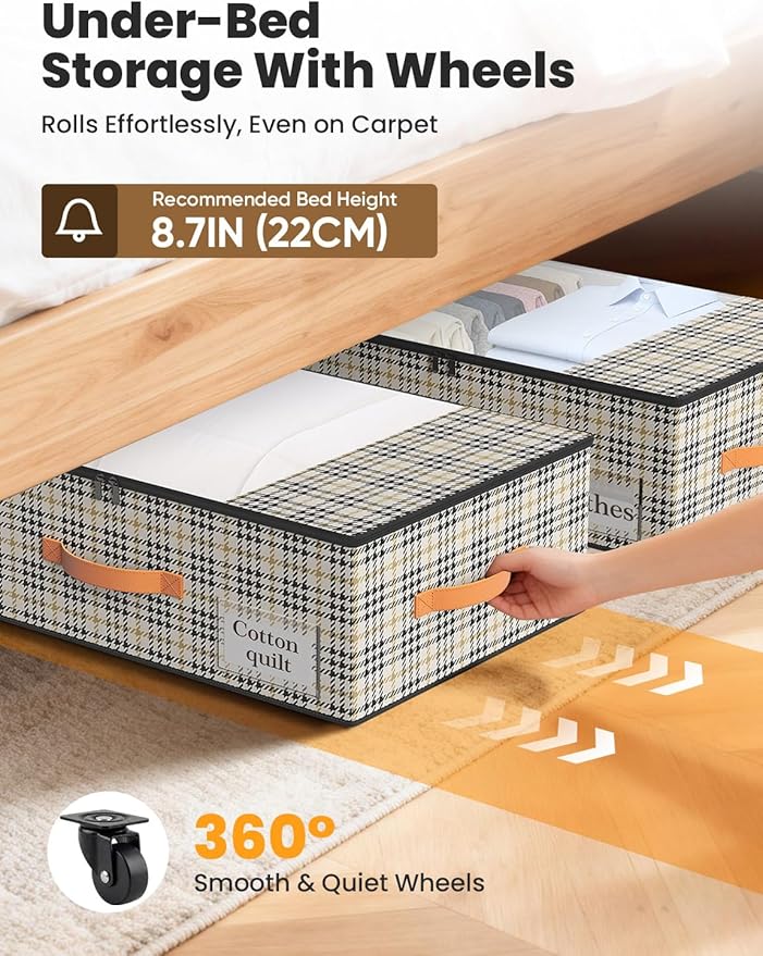 TOSKING 2-Pack Under Bed Storage Bins with Wheels, 4 Vacuum Bags, Heavy Duty 80 lbs, 7.9" Height, 47L Clear Lid Organizer, Space Saver for Dorm Bedroom Clothes Shoes Toys, Quick Assembly, Houndstooth