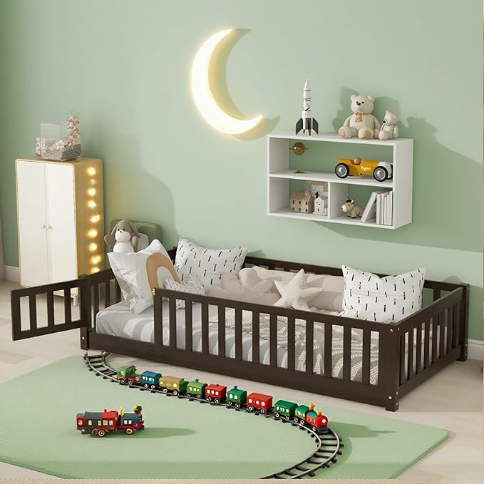 Bellemave Twin Floor Bed Frame with Slats and Safety Guardrail, Wood Twin Size Montessori Floor Bed with Door and Fence, Easy Assemble Montessori Beds for Kids, Girls, Boys, Espresso