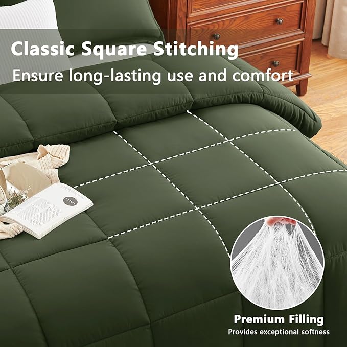 CozyLux King Comforter Set - 270GSM Olive Green Bedding Sets for All Seasons Size, 3 Pieces Box Stitched Bed Set with 1 Down Alternative Comforter and 2 Pillow Shams, Soft, Lightweight, Durable
