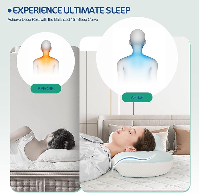 JOYENERGY Ergonomic Cervical Pillow, Contour Design for Side & Back Sleepers, Memory Foam Orthopedic Cervical Shape Gently Cradles Head & Provides Neck Support & Shoulder Pain Relief (Blue)