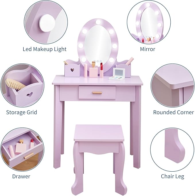 GarveeHome Kids Vanity with Lighted Mirror, Toddler Vanity Table and Chair Set, Girls Makeup Playset, Purple