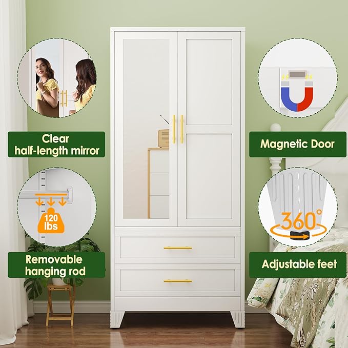 winiowa Metal Armoire Wardrobe Closet with 2 Drawers, 71" Wardrobe Cabinet with Adjustable Shelves and Hanging Rod, Clothing Storage Cabinet Closet with Mirror for Bedroom-White