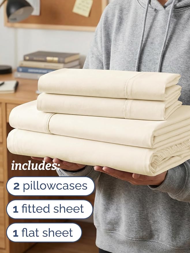 Twin XL 4 Piece Sheet Set - Comfy Breathable & Cooling - Hotel Luxury Bedding for Women, Men, Kids, Teens & Children - 1 Flat & 1 Fitted Sheet & 2 Pillowcases w/ Deep Pockets, Wrinkle Free - Off White