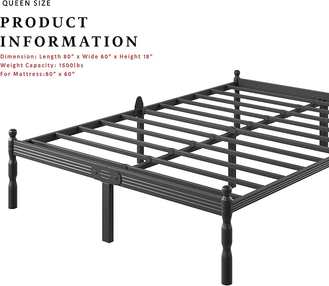 ZIYOO 18 inch Metal Queen Bed Frame with Vintage Style, Mattress Slide Stopper, 1500LBS Heavy Duty Steel Slats, No Box Spring Needed, Platform Noise-Free, Easy Assembly