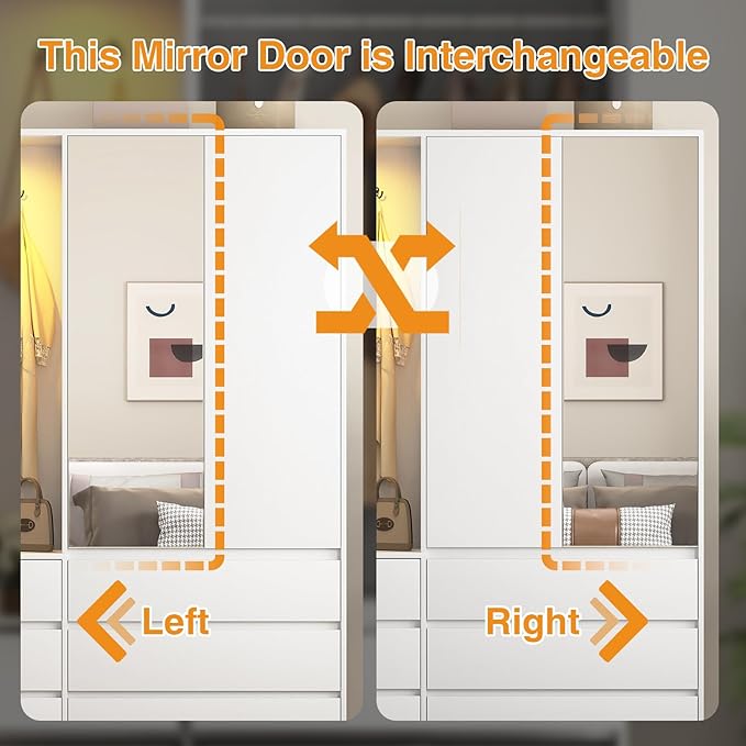 Armoire Wardrobe Closet with Mirror Door and LED Light, Bedroom Armoire with 6 Drawers, Modern Wooden Large Wardrobe Closet with Shelves, Wooden Armoire with Hanging Rod for Bedroom(White)