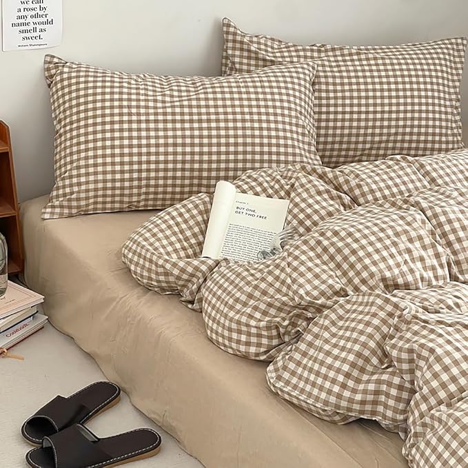 Nayoroom Brown Gingham Duvet Cover Full Size Tan White Plaid Checkered Duvet Cover Grid Dorm Bedding Set 3 Pieces Soft Lightweight Washed Microfiber Farmhouse Bedding with Pillowcases