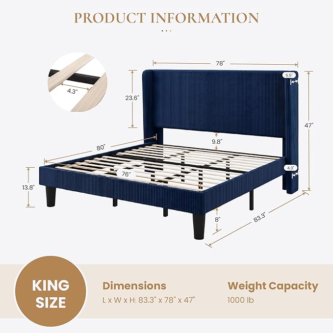 SHA CERLIN King Size Corduroy Upholstered Platform Bed Frame with Vertical Channel Tufted Wingback Headboard, 8" Under Bed Storage, Wooden Slats & Metal Frame Support, Easy Assembly, Dark Blue