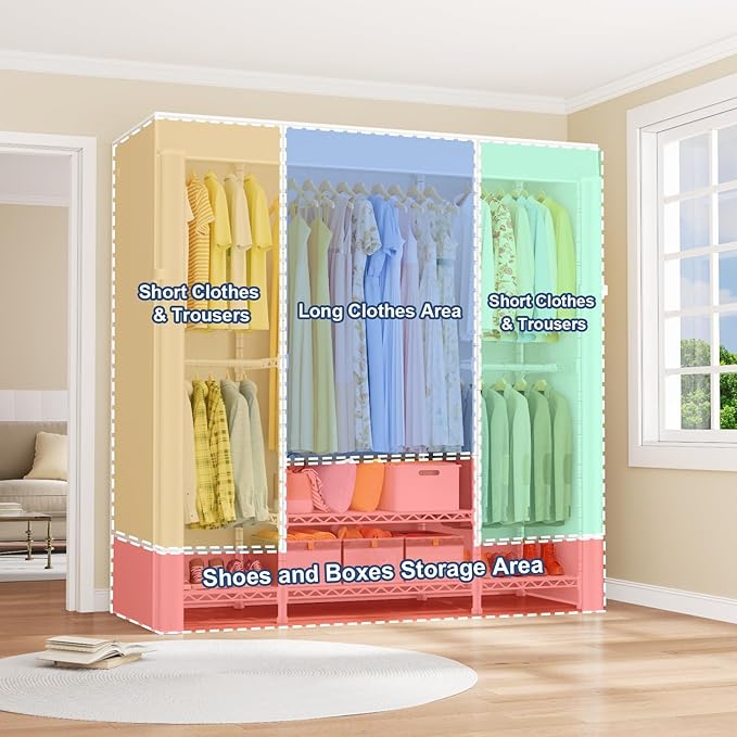 ULIFHOME E3C White Clothes Rack with Beige Cover, Heavy Duty Freestanding Garment Rack, Metal Closet System Storage Organizer for Clothing, Holds up to 850 lbs, 59.5" W x 16.5" D x 77.4" H