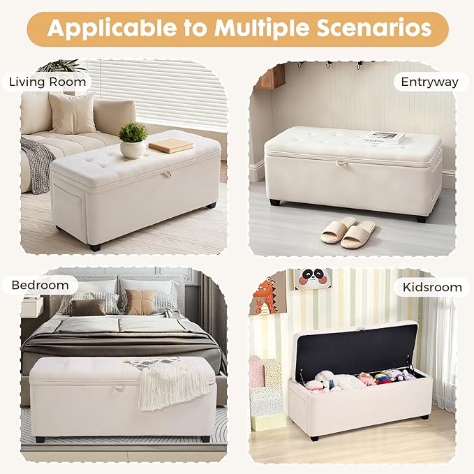 45" Storage Ottoman Bench, Tufted Ottoman with Storage for Living Room, Large End of Bed Ottomans, Modern Entryway Benchs, Window & Bedroom Benches for Foot of Bed (Ivory)