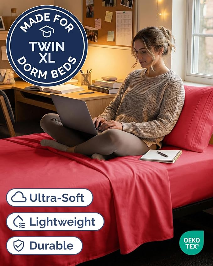 Twin XL Size 3 Piece Sheet Set - Comfy Breathable & Cooling Sheets - Hotel Luxury Bed Sheets for Women & Men - Deep Pockets, Easy-Fit, Extra Soft and Wrinkle Free Sheets - Red Oeko-Tex Bed Sheet Set