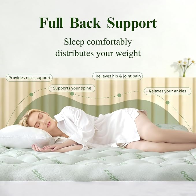 Queen Mattress Topper, Viscose Derived from Bamboo Thick Pillow Top Mattress Pad with Deep Pocket, Naturally Cooling for Hot Sleepers, Soft for Back Pain Relief, Premium Green