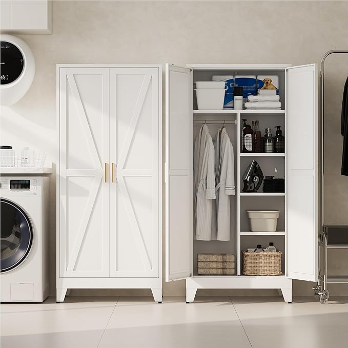 Baborokic Metal Wardrobe Cabinet with Hanging Rod,Large 71" Armoire Wardrobe Closet with Adjustable Shelves and Doors,Farmhouse Metal Office Cabinets for Bedroom,Office,Employee(White)