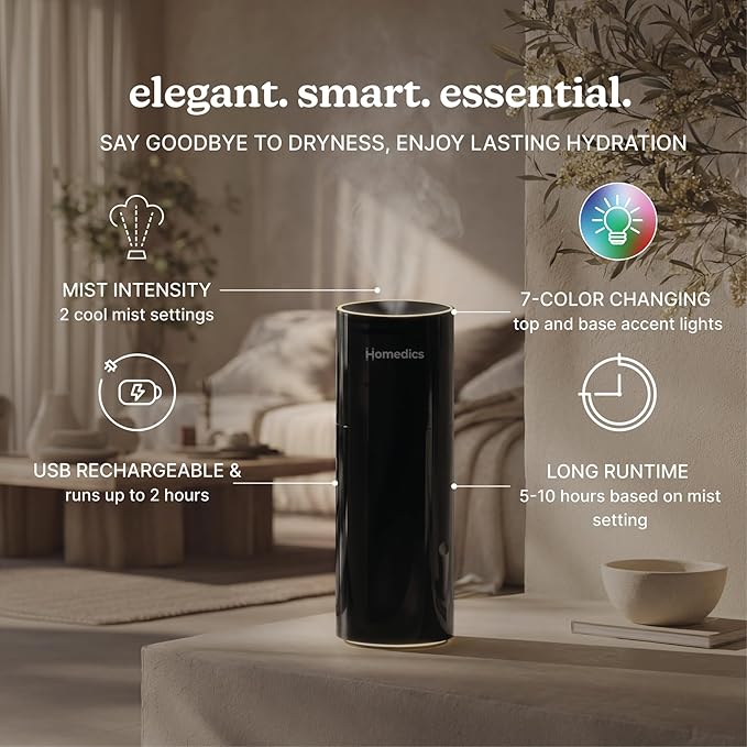 Homedics Portable Humidifier – Small Ultrasonic Cool Mist Humidifier for Bedroom, Desk & Travel, Mini Personal Humidifier, 7.7 oz Tank, Auto Shutoff, Night Light, Rechargeable (Gloss Black)