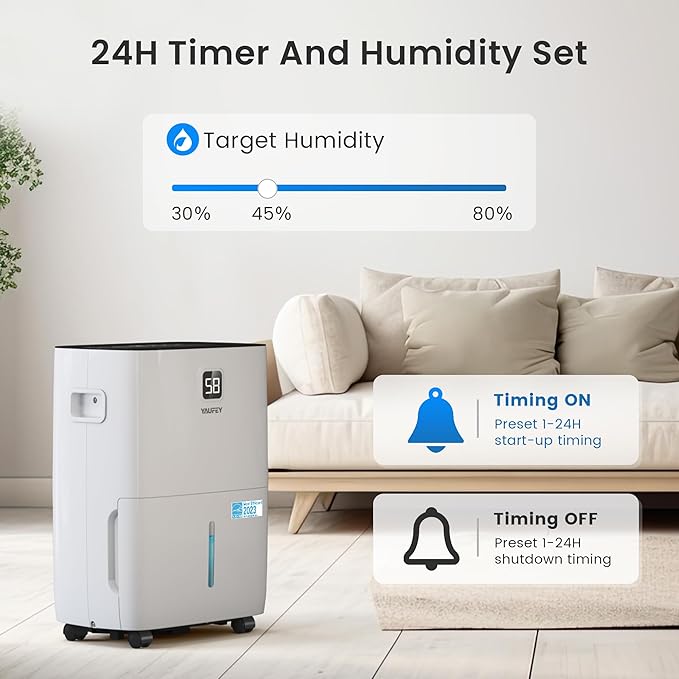 Yaufey 6000 Sq. Ft. Energy Star Certified Dehumidifier, Max 120 Pints Dehumidifier for Basement with Drain Hose, Smart Compressor with Intelligent Humidity Control, Dehumidifiers for Home Bedroom