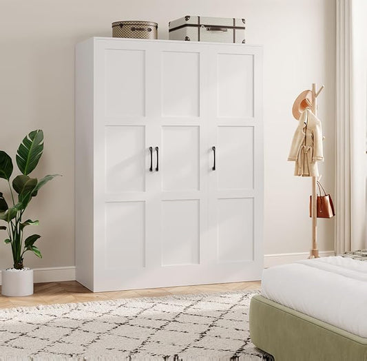 Garvee 3 Doors Wooden Wardrobe Closet, Morden Wardrobe Armoire with Doors and Shelves, Standing Closet Cabinet for Hanging Clothes, Large Capacity Storage Cabinet for Bedroom, White