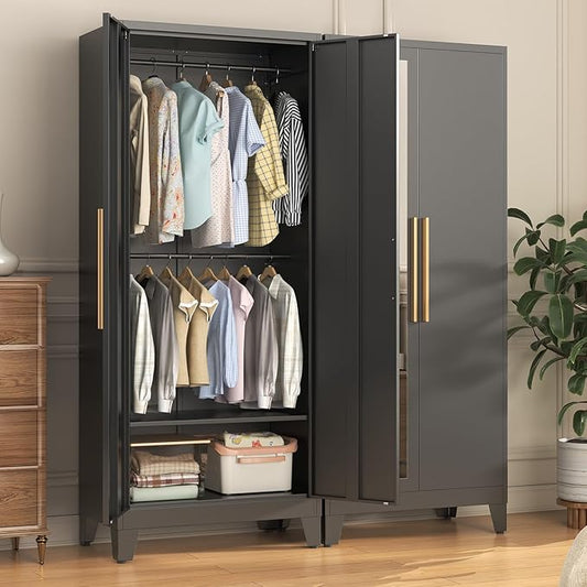 72" Tall Metal Armoire Wardrobe Closet - Large Clothing Storage Cabinet with Mirror Doors, 2 Hanging Rod & Adjustable Shelve - Closet Organizer for Bedroom, Office, Laundry Room, Garage - Black