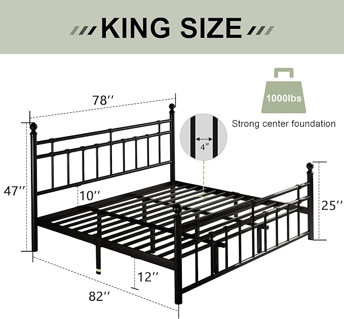 Feonase King Size Metal Platform Bed Frame with Victorian Classic Iron-Art Headboard & Footboard, Steel Slats Support, 12" Under Bed Storage, No Box Spring Needed, Easy Assembly, Noise-Free, Black