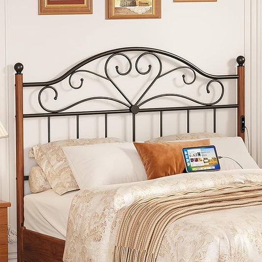 Merronix Queen Size Headboard with Charger Stations, Vintage Metal Headboard Only Farmhouse Retro Freestanding Black Wooden-Painting Headboard for Queen Bed Frame, Height Adjustable, Easy Assembly