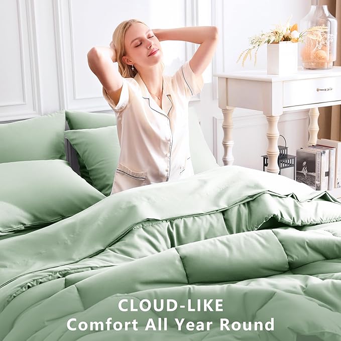 CozyLux Full Size Comforter Sets Sage Green, 7 Pieces Bed in a Bag, Green Comforter Full Size, All Season Bedding Sets with Stitch Quilted Comforter, Flat Sheet, Fitted Sheet, Pillowcases