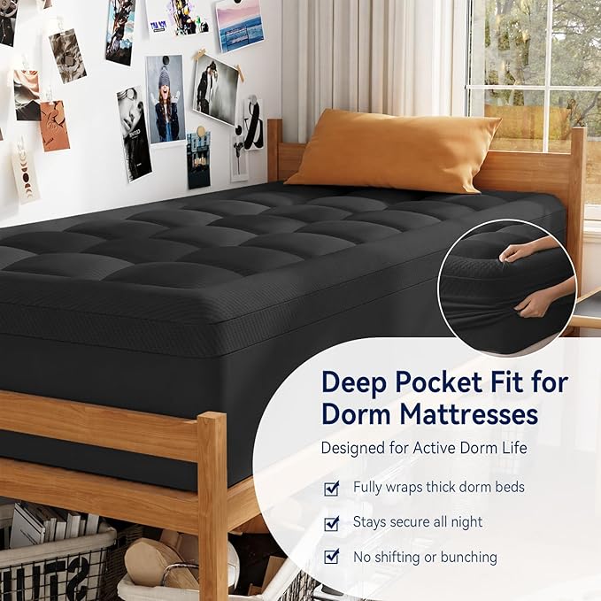 ELEMUSE 3 Inch Dual Layer Memory Foam Mattress Topper Twin XL, Dorm Room 2 Inch Cooling Gel Memory Foam Plus 1 Inch Down Alternative Pillowtop Mattress Pad,College Essential, Comfort Support, Black