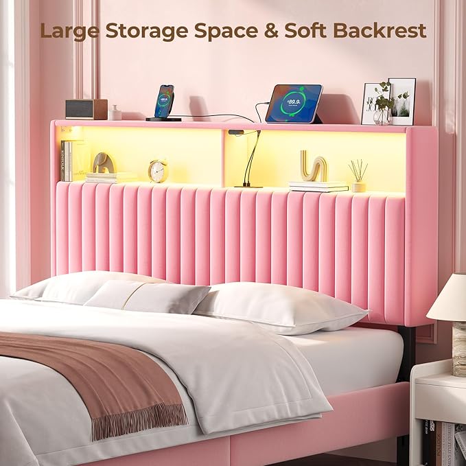 Rolanstar Headboard for Full Size Bed with Storage, Head Board with USB & Type C Port, 60,000 DIY Color of LED Light, Velvet Upholstered, Height Adjustable, Sturdy, Easy Assembly, Pink