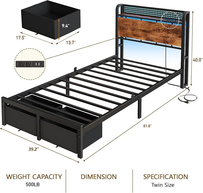 Furnulem Twin Bed Frame with 2 Storage Drawers & Charging Station, Twin Platform Bed Frame with Headboard & LED Lights, No Box Spring Needed, All in One, Easy to Install, Noise Free (500 lbs Capacity)