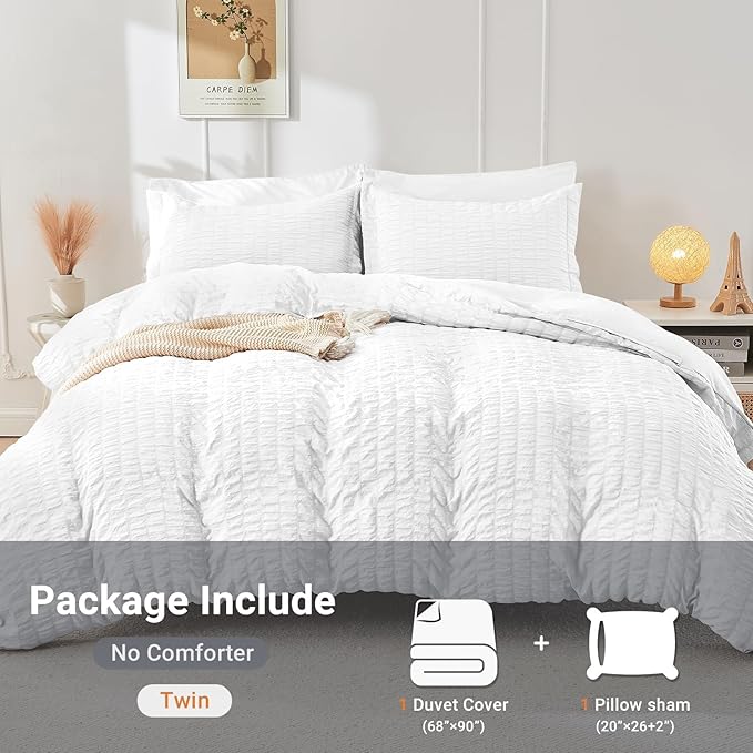 HYMOKEGE White Twin Size Duvet Cover, Ultra Soft 2-Piece Seersucker Duvet Cover Set with Zipper Closure, Soft Brushed Microfiber Bedding Set with 8 Corner Ties (68"x90", 1 Pillowshams)