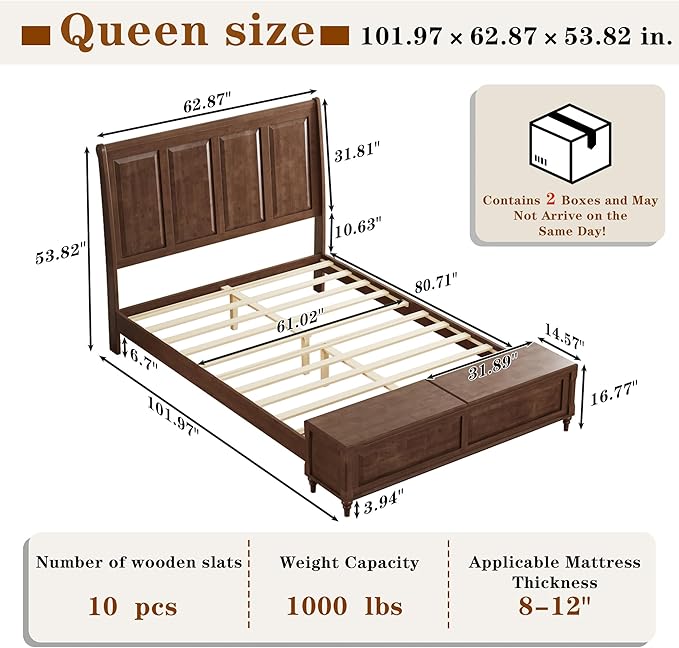 KEIKI Queen Size Bed Frame with Storage Bench, Solid Wood Sleigh Bed with High Headboard and 64" Storage Chest, Rubberwood Platform Bed, No Box Spring Required, Walnut Brown