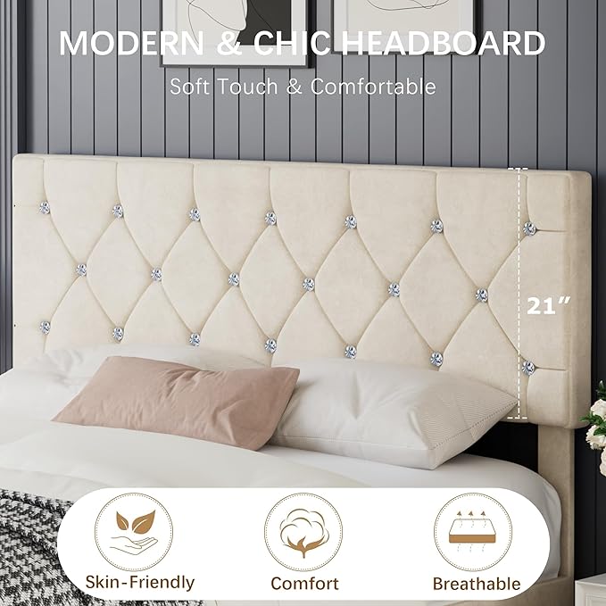 VECELO Queen Size Bed Frame with Diamond Tufted Headboard, Upholstered Platform Bedframe with Wood Slat Support, No Box Spring Needed, Pala Beige