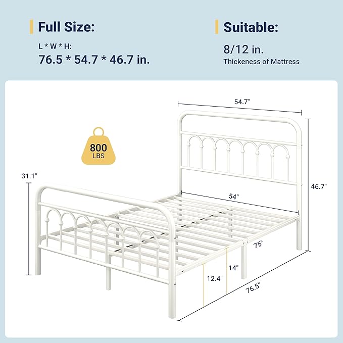 Allewie 14 Inches Full Size Metal Platform Bed Frame with Victorian Style Curved Iron-Art Headboard/Footboard, Easy Assembly, Under Bed Storage, No Box Spring Required, Cream White