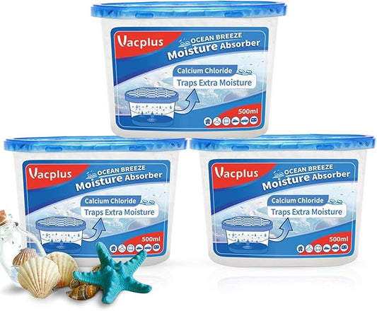Vacplus Moisture Absorbers - Dehumidifiers for Closet, Efficient Humidity Absorber Boxes Collect Excess Moisture for Bathroom, Kitchen, Study, Ocean Fragrance, 3 Pack