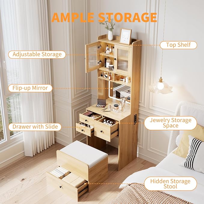 GarveeLife Compact Vanity, Make Up Vanity Desk with Mirror and Lights, White Vanity Table Set with Charger Station,Girls Small Vanity and Storage Chair