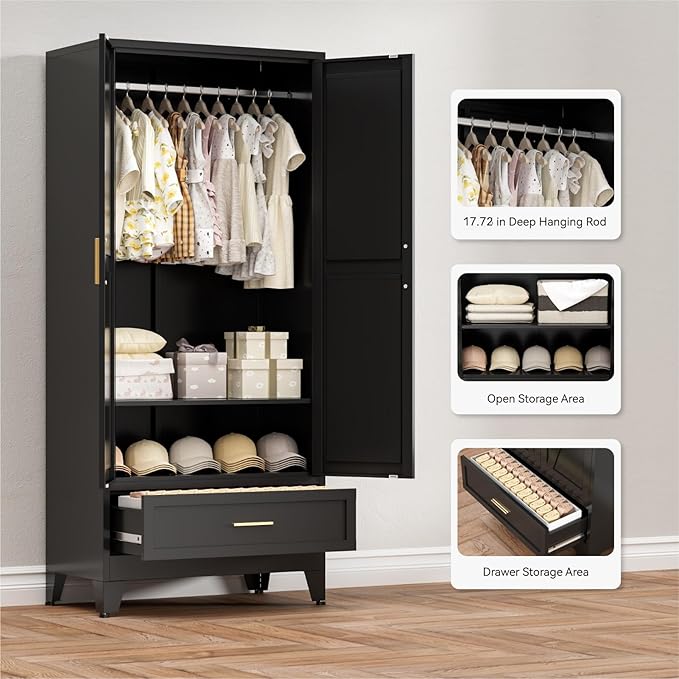 COFaR Metal Armoire Wardrobe Closet with Drawer, 71'' Tall Farmhouse Bedroom Armoires with Doors and Hanging Rod, Freestanding Steel Wardrobe Cabinet Coat Closet for Bedroom Home Office, Black