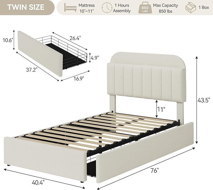 Garvee Twin Size Bed Frame with 2 Flexible Drawers, Boucle Upholstered Platform Bed Frame with Bookcase Headboard, Bedframe for Kids/Girls, Easy Assembly, No Box Spring Needed, Noise Free, Beige