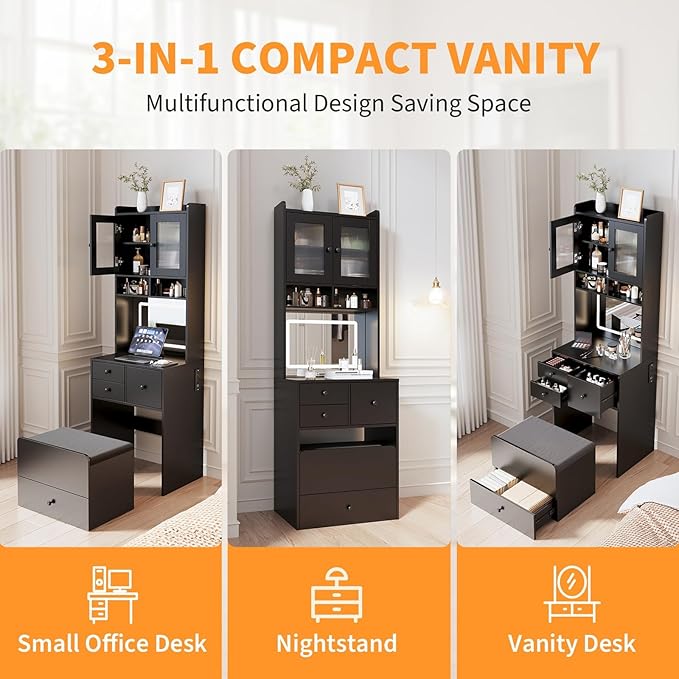 3-in-1 Make Up Vanity Desk with Mirror & Lights, Compact Vanity Table with Drawers, Storage Compartment and Rolling Stool, Modern Small Makeup Vanity and Storage Chair for Bedroom, Powder Room