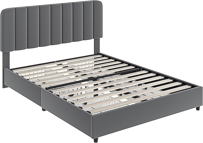 VECELO Full Size Upholstered Bed Frame with 4 Drawers and Headboard, Velvet Platform Storage Bedframe, Wooden Slats Support, No Box Spring Needed,Dark Grey