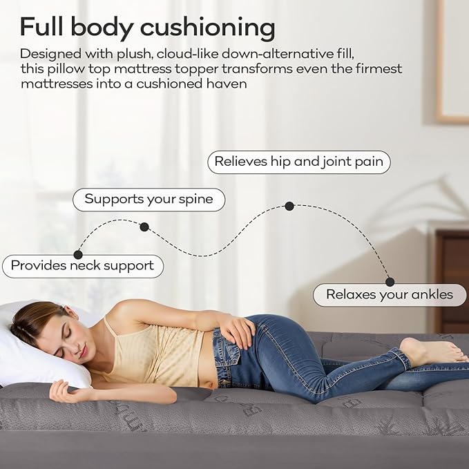 OLANLY King Mattress Topper – Viscose Made from Bamboo, Cooling Soft King Pillow Top Mattress Pad for Back Pain Relief, Plush Down Alternative Fill Bed Topper with Elastic Deep Pocket, Light Gray