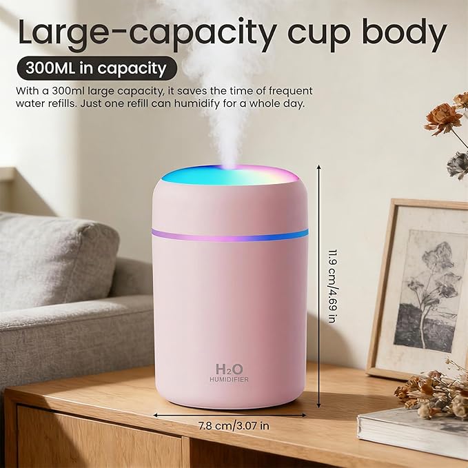Portable Colorful Cool Mini Humidifier,Aroma Essential USB Personal Desktop Humidifier, for Bedroom, Office & Car(300ml, White) (pink)