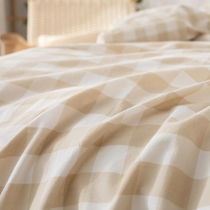 BESTOUCH Duvet Cover Set 100% Washed Cotton Linen Feel Super Soft Comfortable Chic Lightweight 3 PCs Home Bedding Set Almond Grey & White Grid Queen